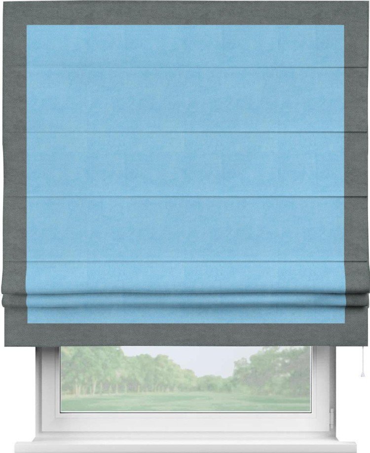 Римская штора «Кортин» с кантом Чесс, для проема, ткань вельвет голубой