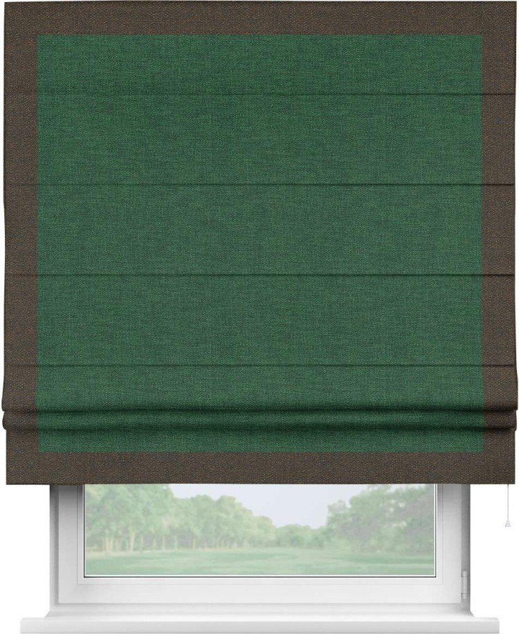 Римская штора «Кортин» с кантом Чесс, для проема, ткань лён серо-зеленый